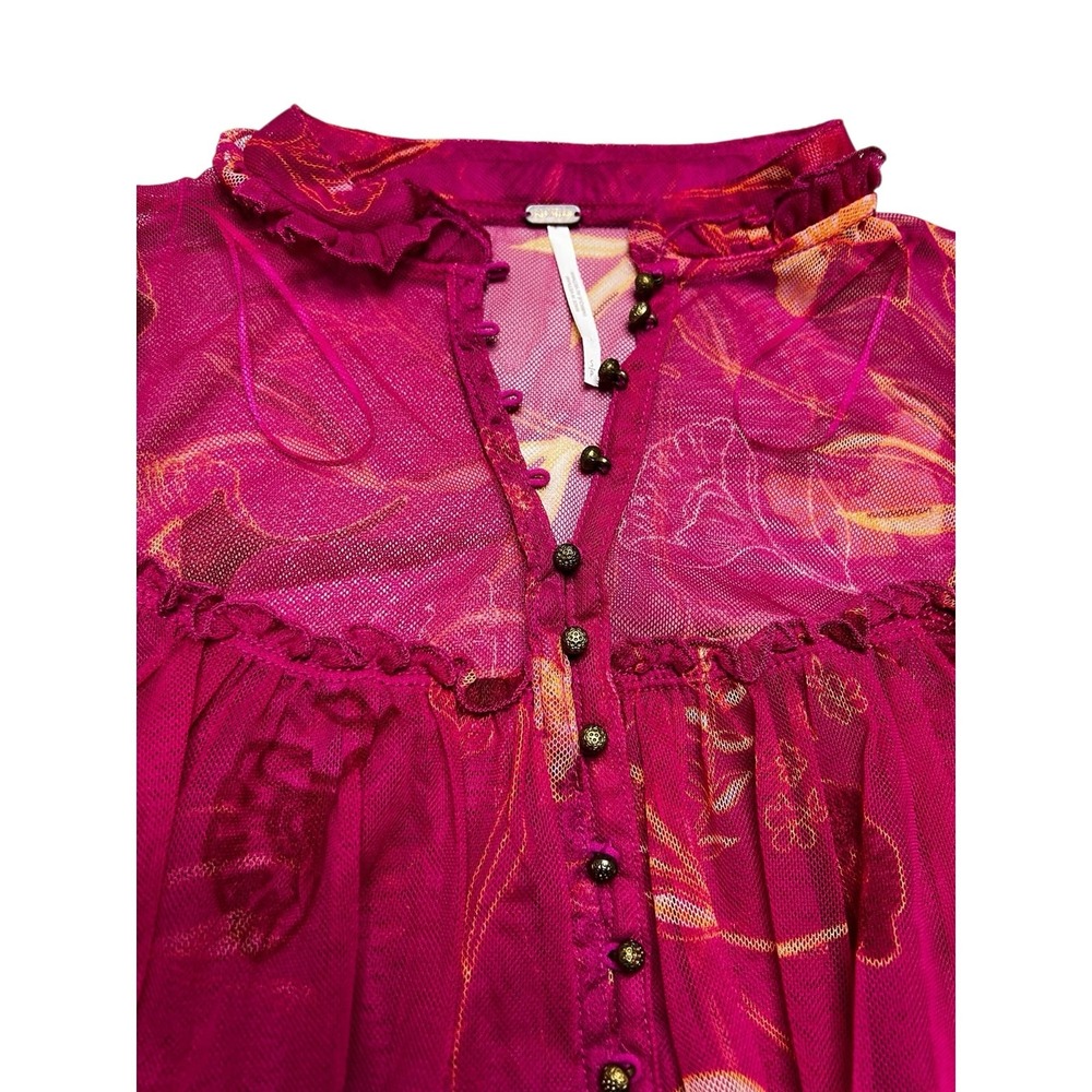 Free People‎ Blouse Womens Small Magenta Floral Sheer Mesh Smocked Ruffle Top - Picture 10 of 12